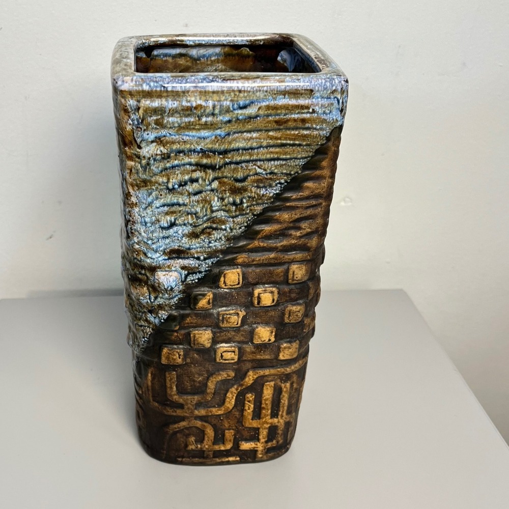 Mid Century Modern Bold Textured Square Tall Centerpiece Vase 9"‎